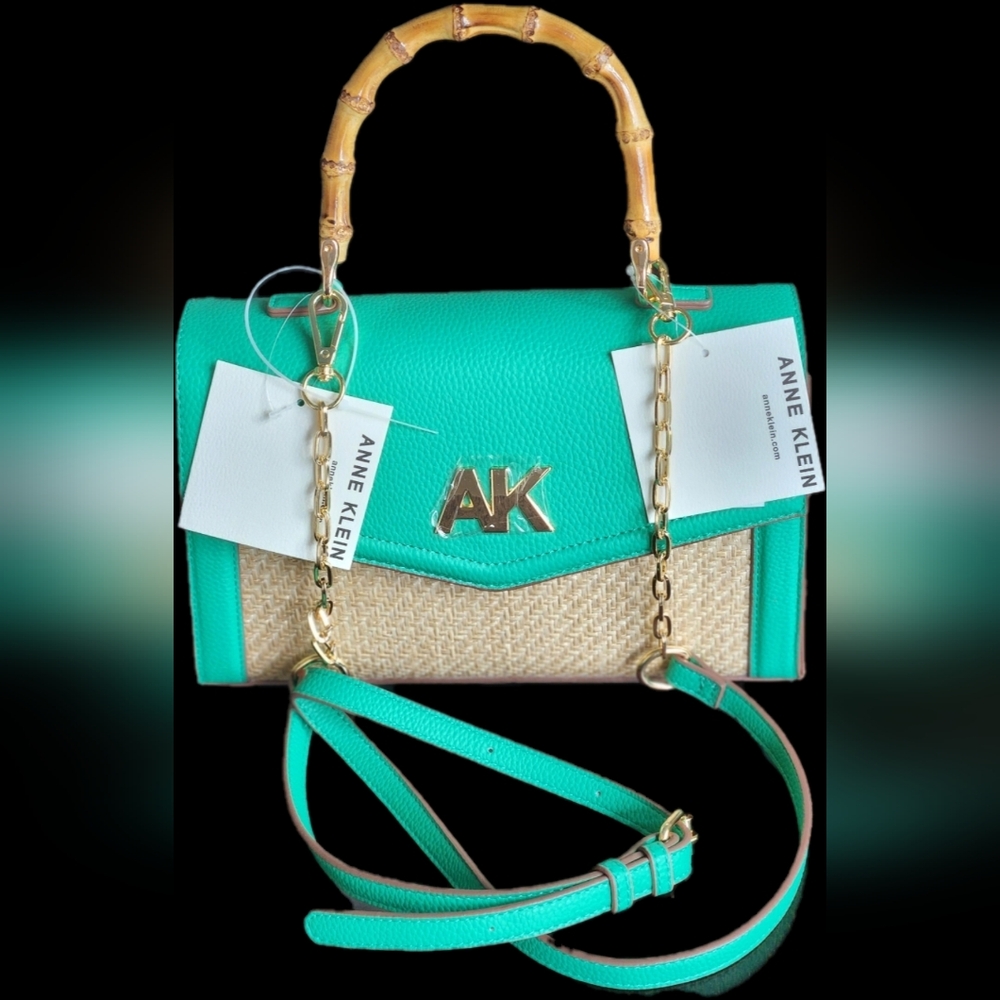 Anne Klain Mint Green Bambi purse with natural bamboo handle fun color handbag b